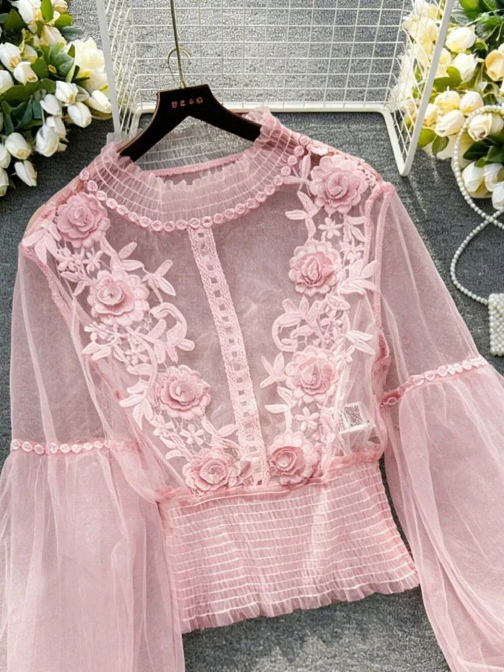Pink Elegant Women's 3D Floral Patchwork Sheer Lantern Sleeve Cropped Top - Picture 5 of 6